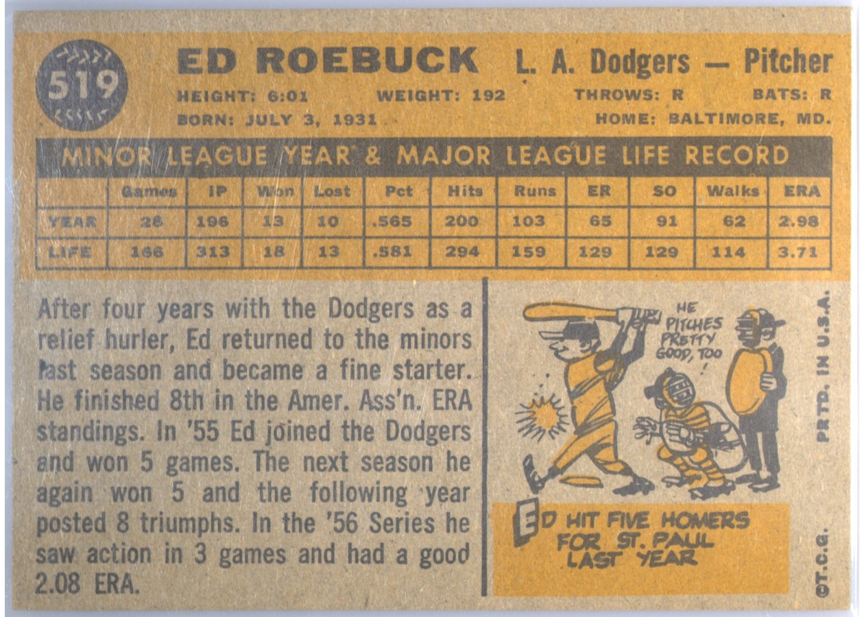 1960 Topps #519 Ed Roebuck card back