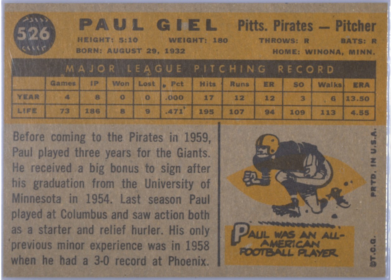 1960 Topps #526 Paul Giel card back