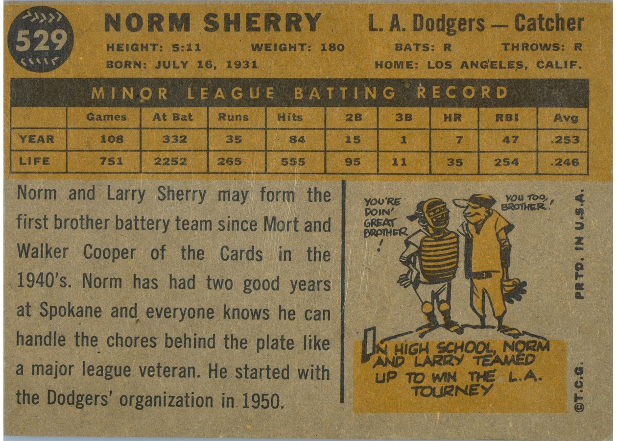 1960 Topps #529 Norm Sherry card back