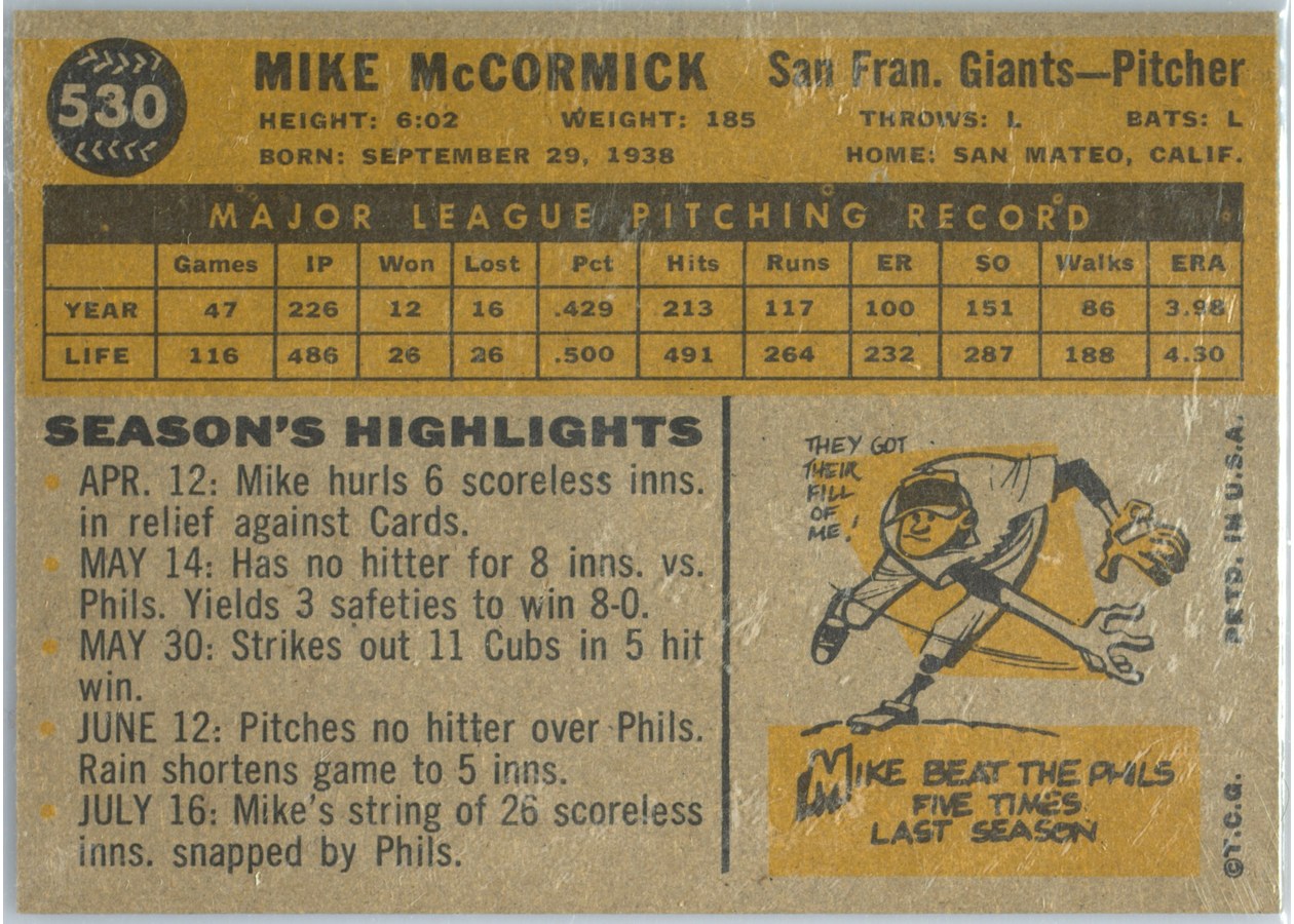 1960 Topps #530 Mike McCormick card back