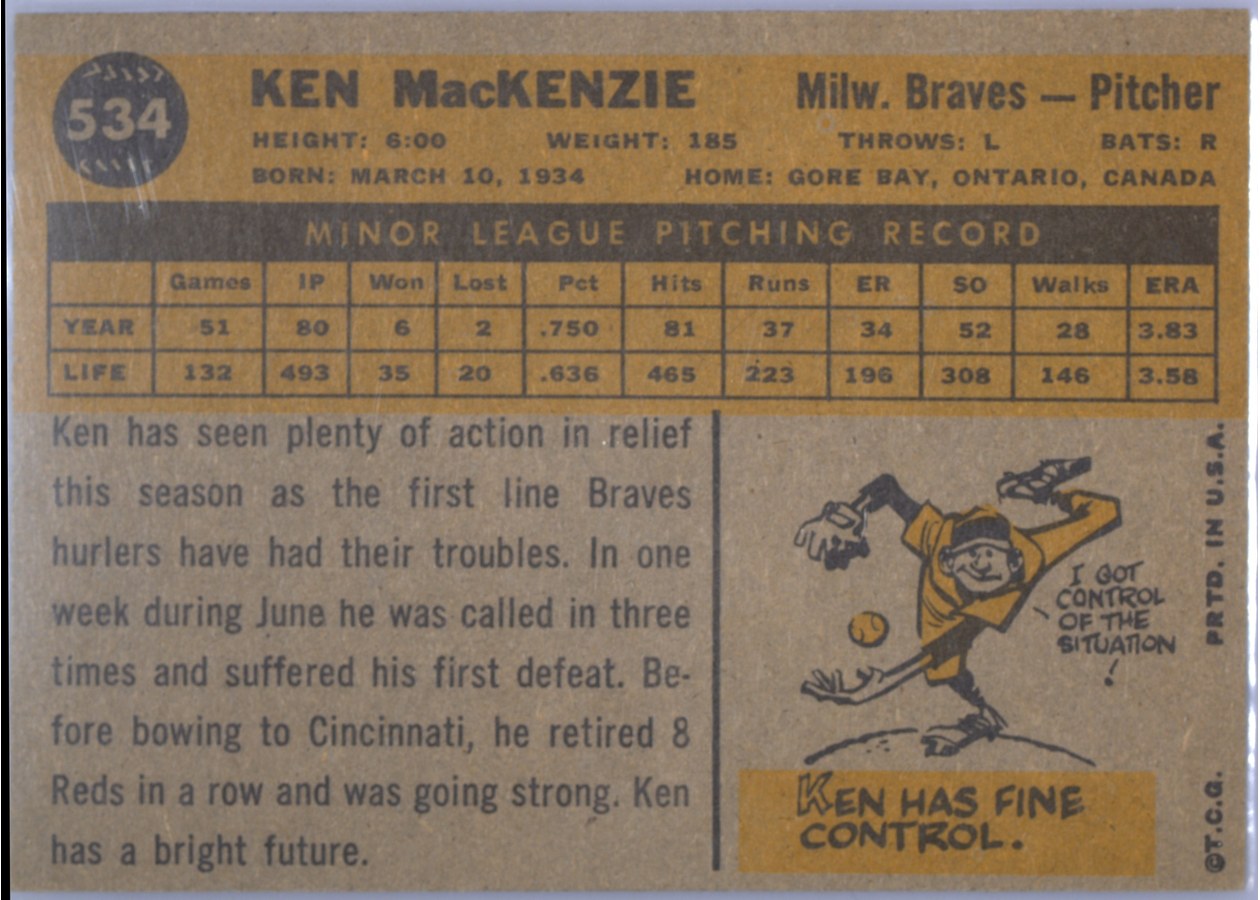 1960 Topps #534 Ken MacKenzie card back