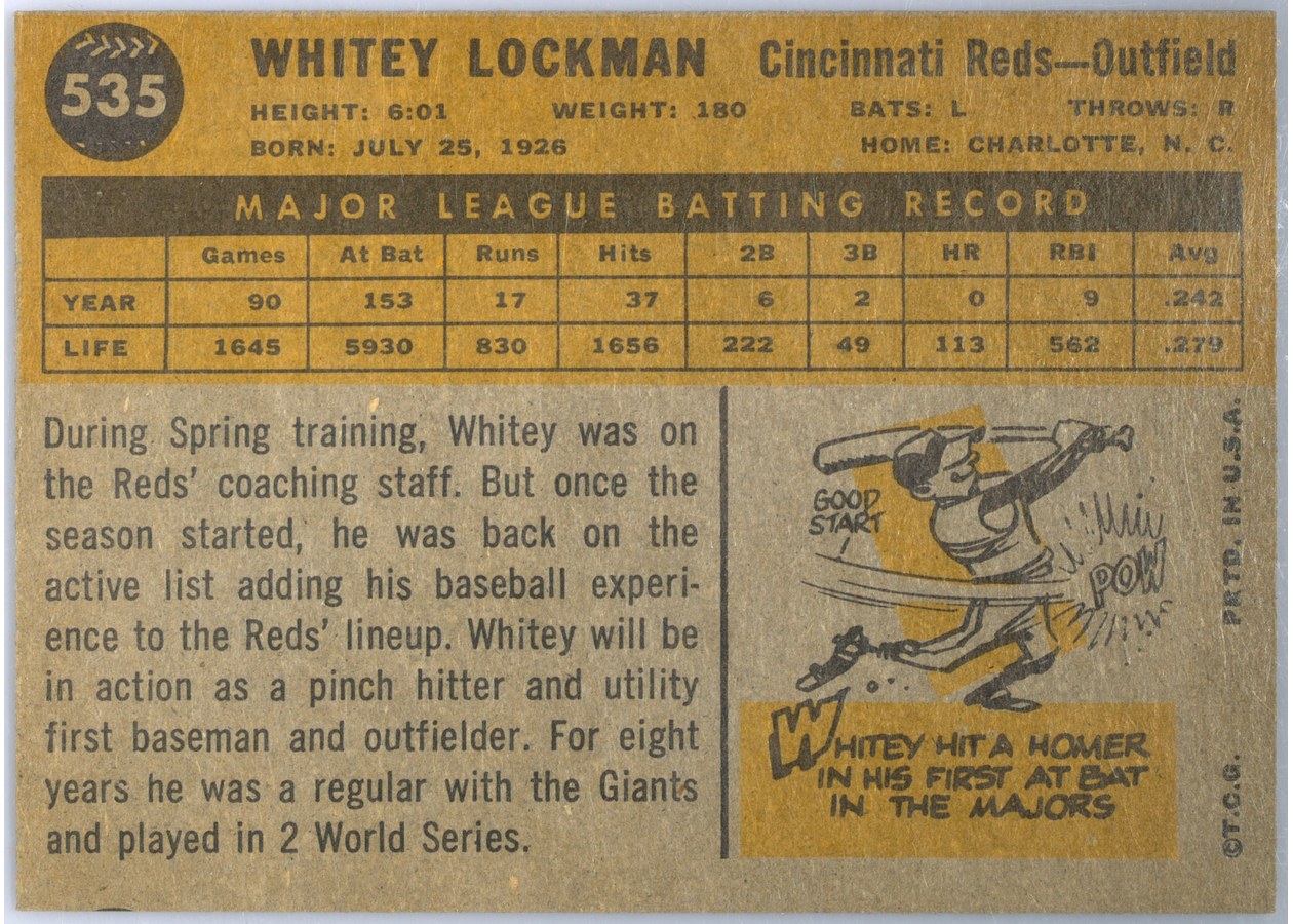1960 Topps #535 Whitey Lockman card back