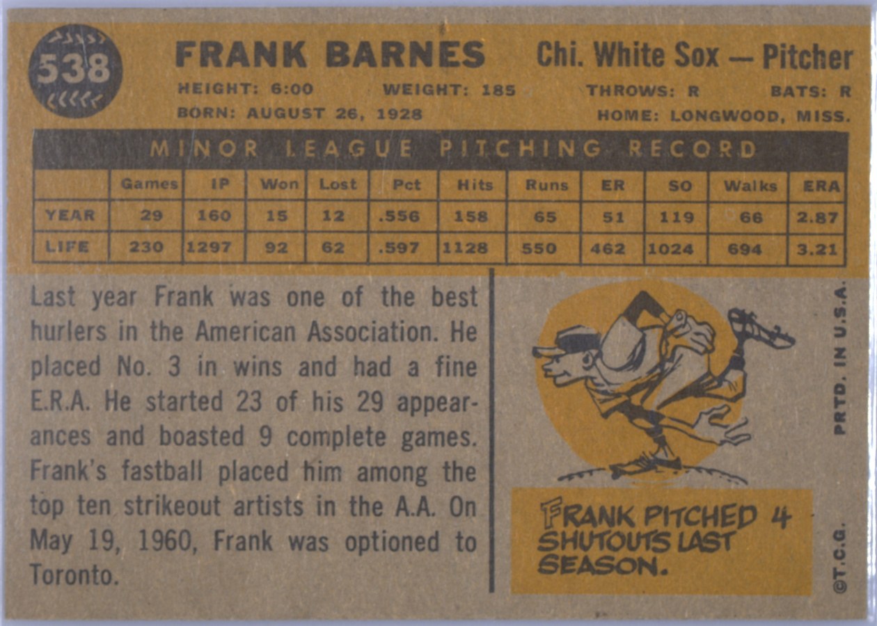 1960 Topps #538 Frank Barnes card back