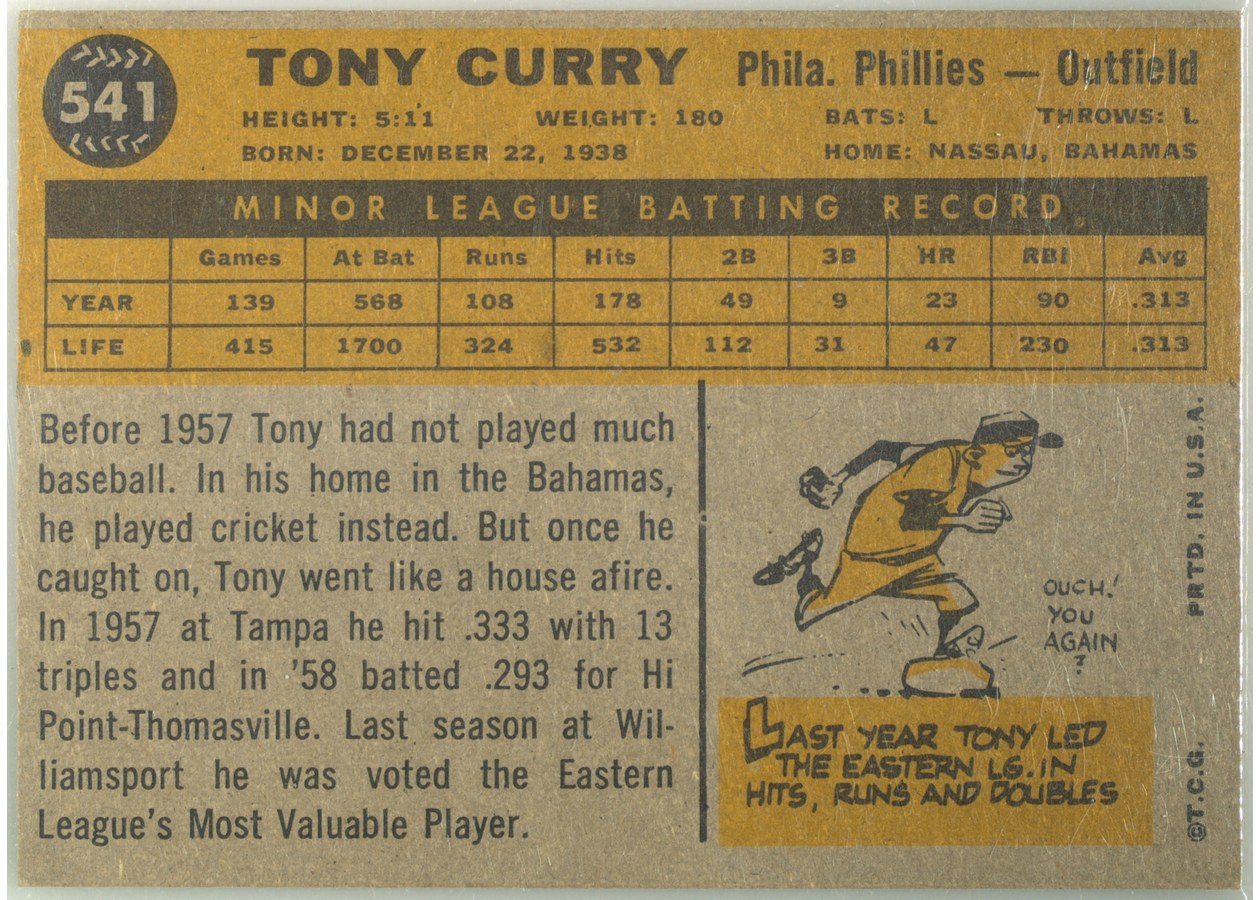 1960 Topps #541 Tony Curry card back