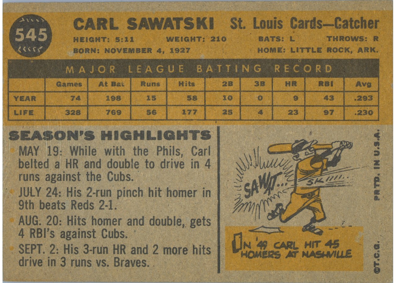 1960 Topps #545 Carl Sawatski card back