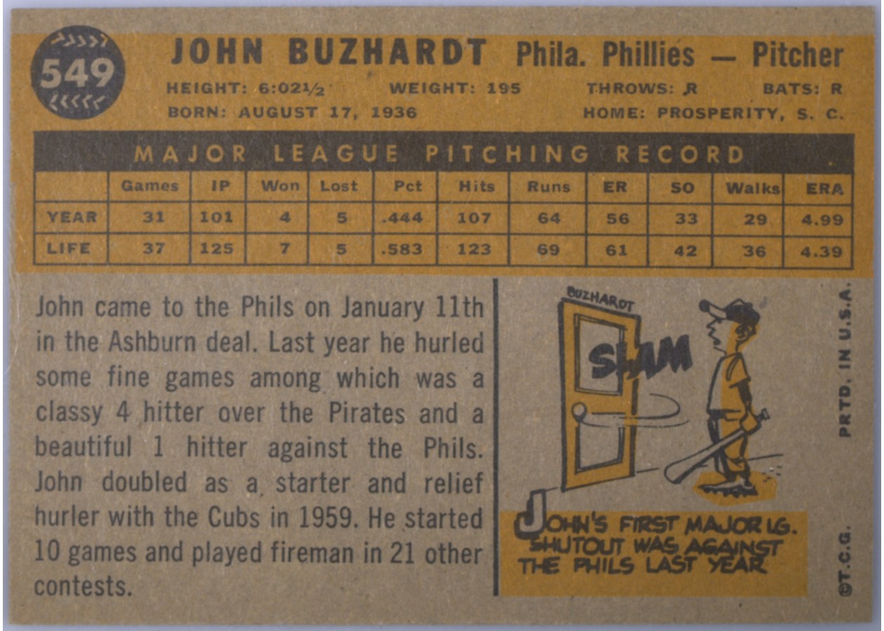 1960 Topps #549 John Buzhardt card back