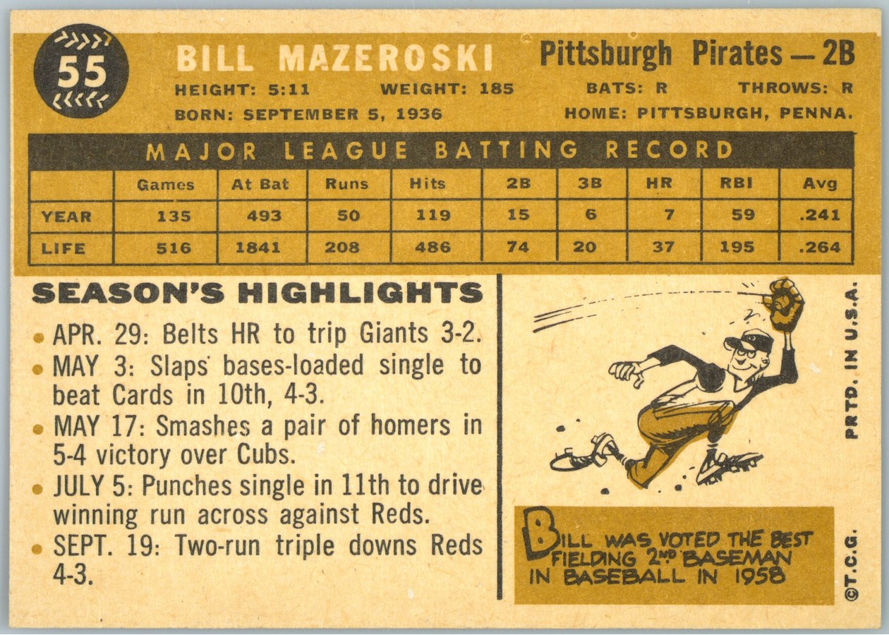 1960 Topps #55 Bill Mazeroski card back