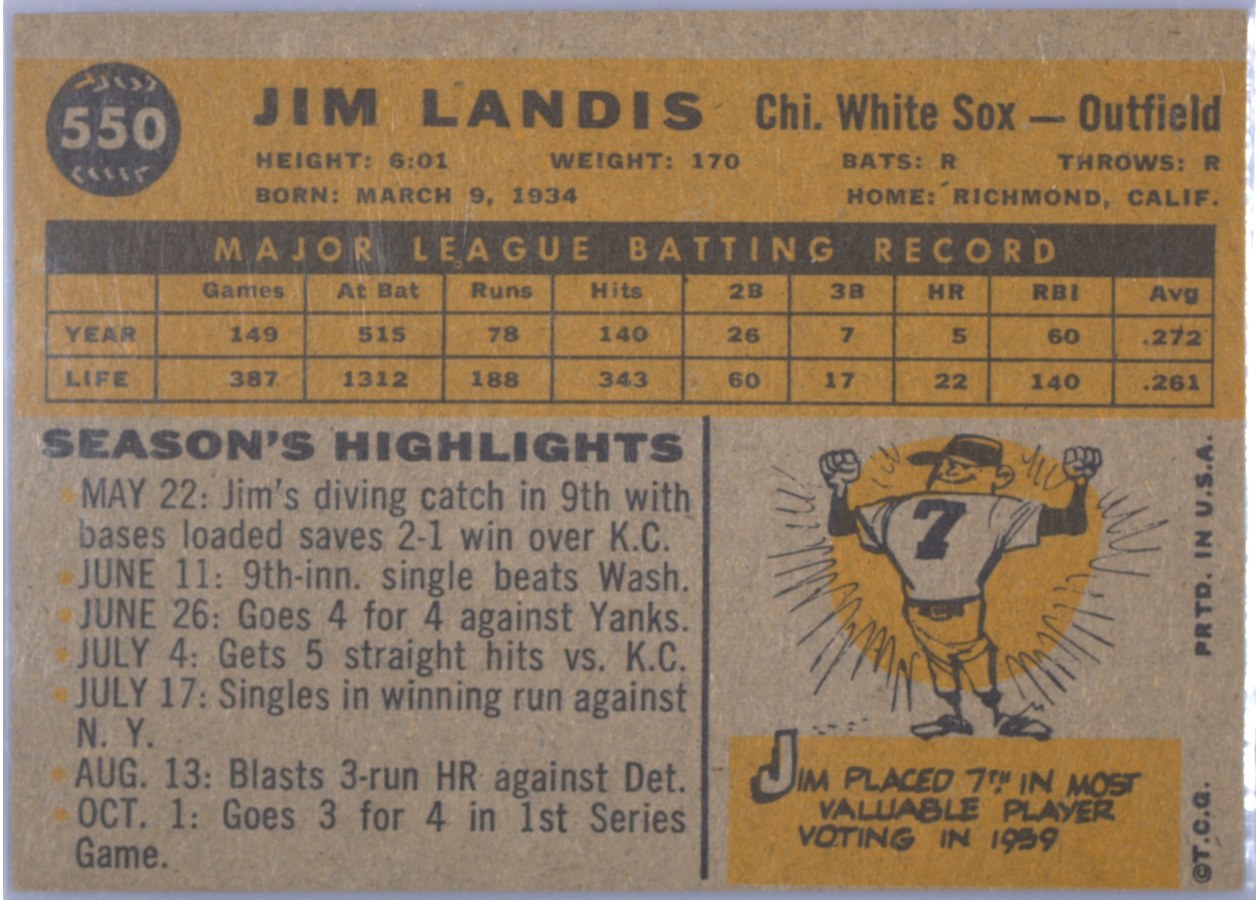 1960 Topps #550 Jim Landis card back
