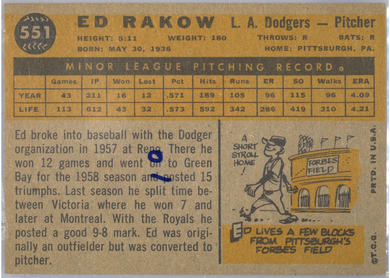 1960 Topps #551 Ed Rakow card back