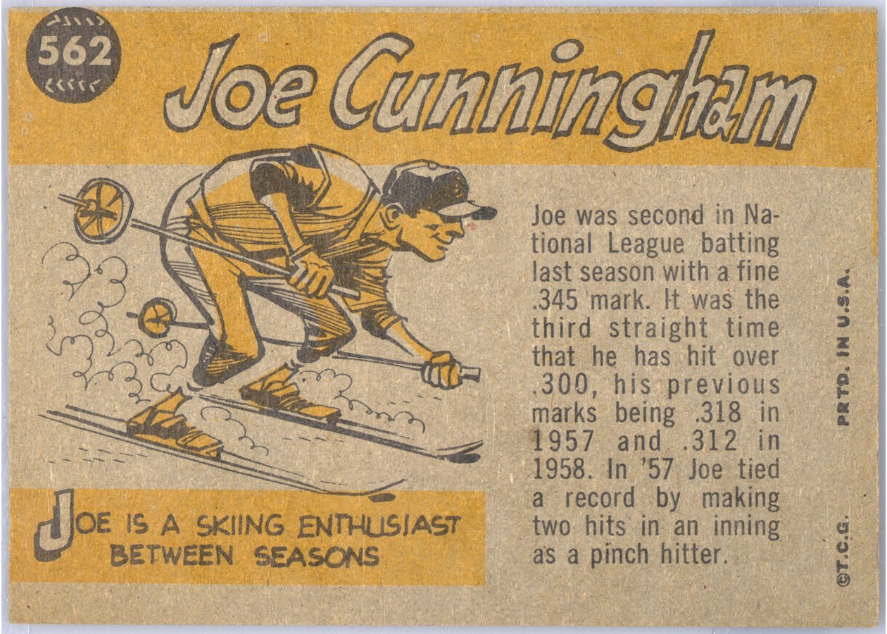 1960 Topps #562 Joe Cunningham card back