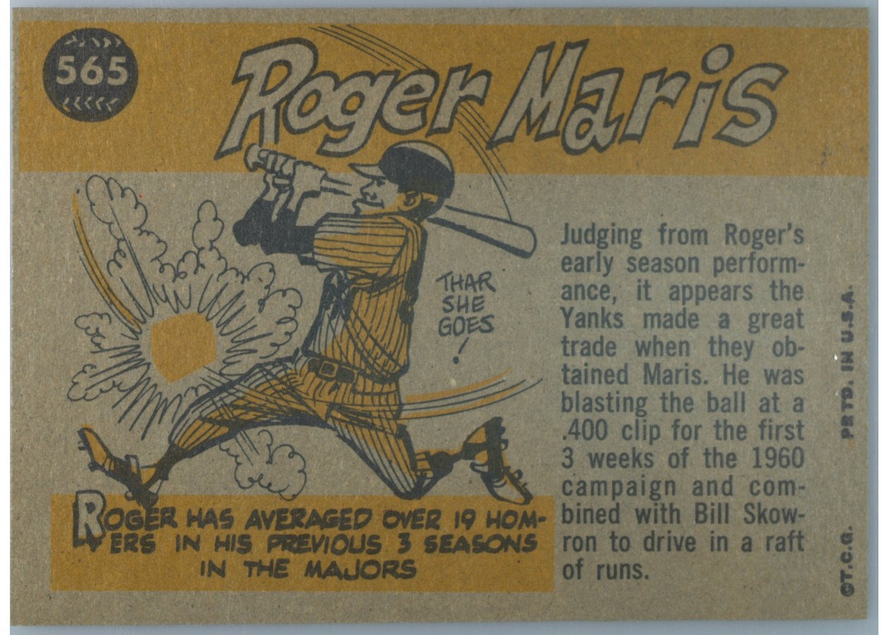 1960 Topps #565 Roger Maris card back