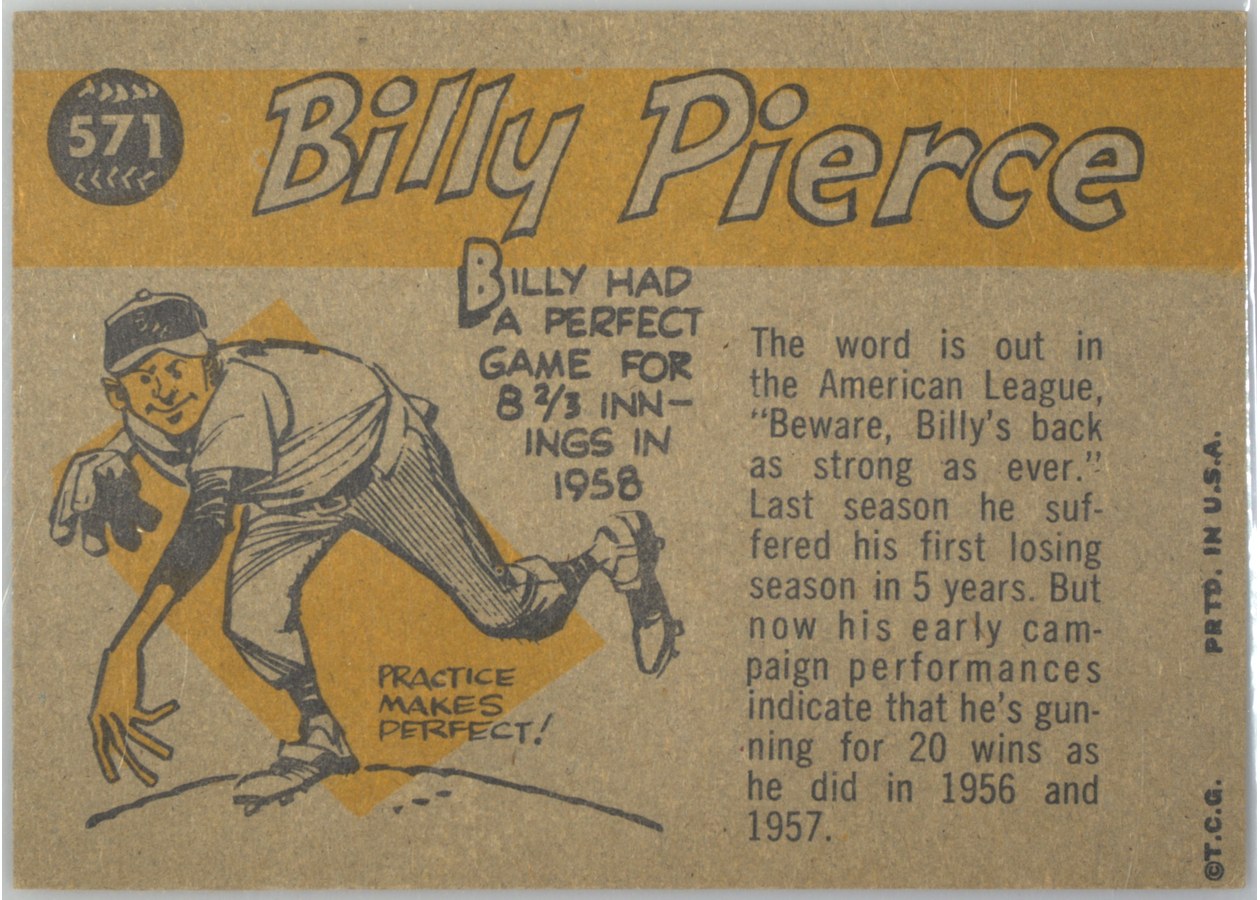 1960 Topps #571 Billy Pierce card back