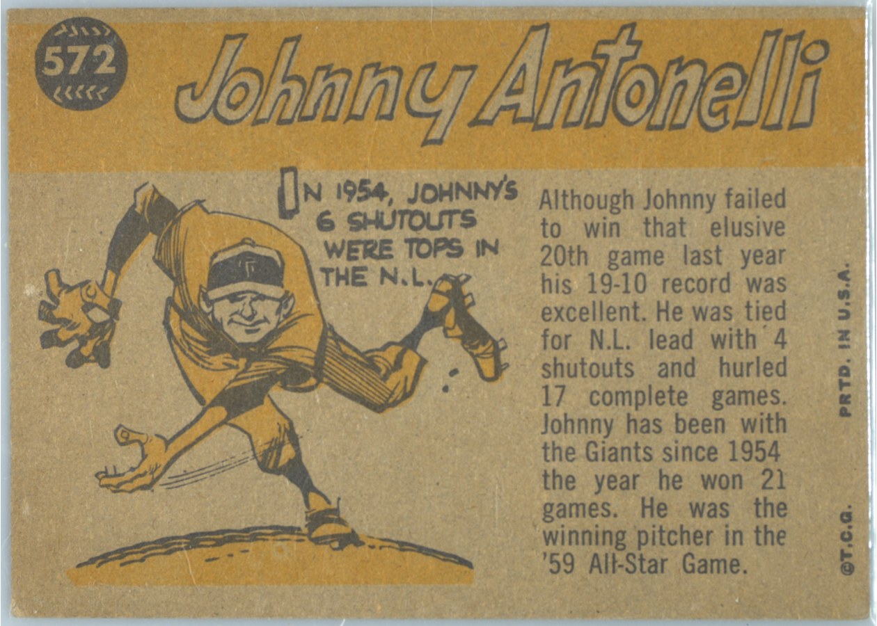1960 Topps #572 Johnny Antonelli card back