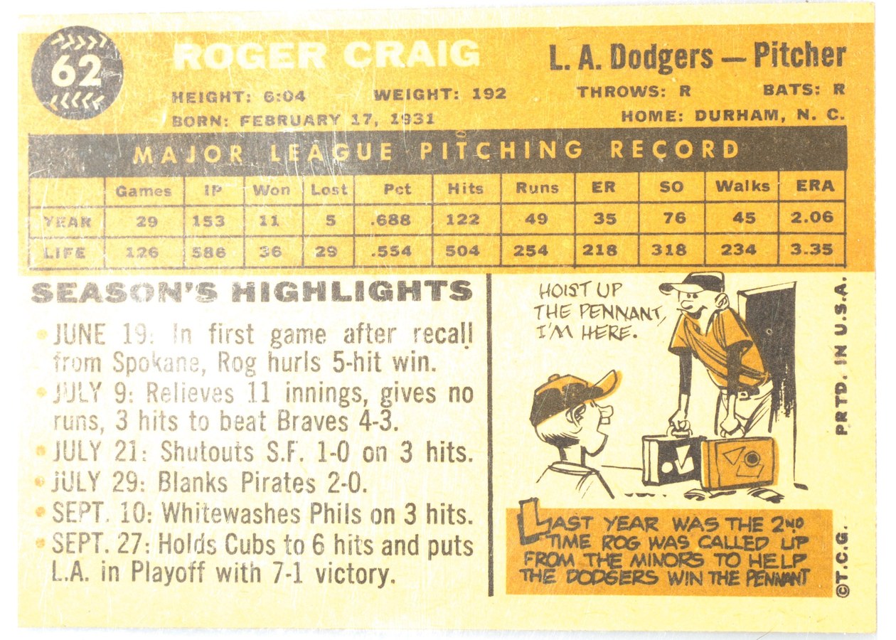 1960 Topps #62 Roger Craig card back
