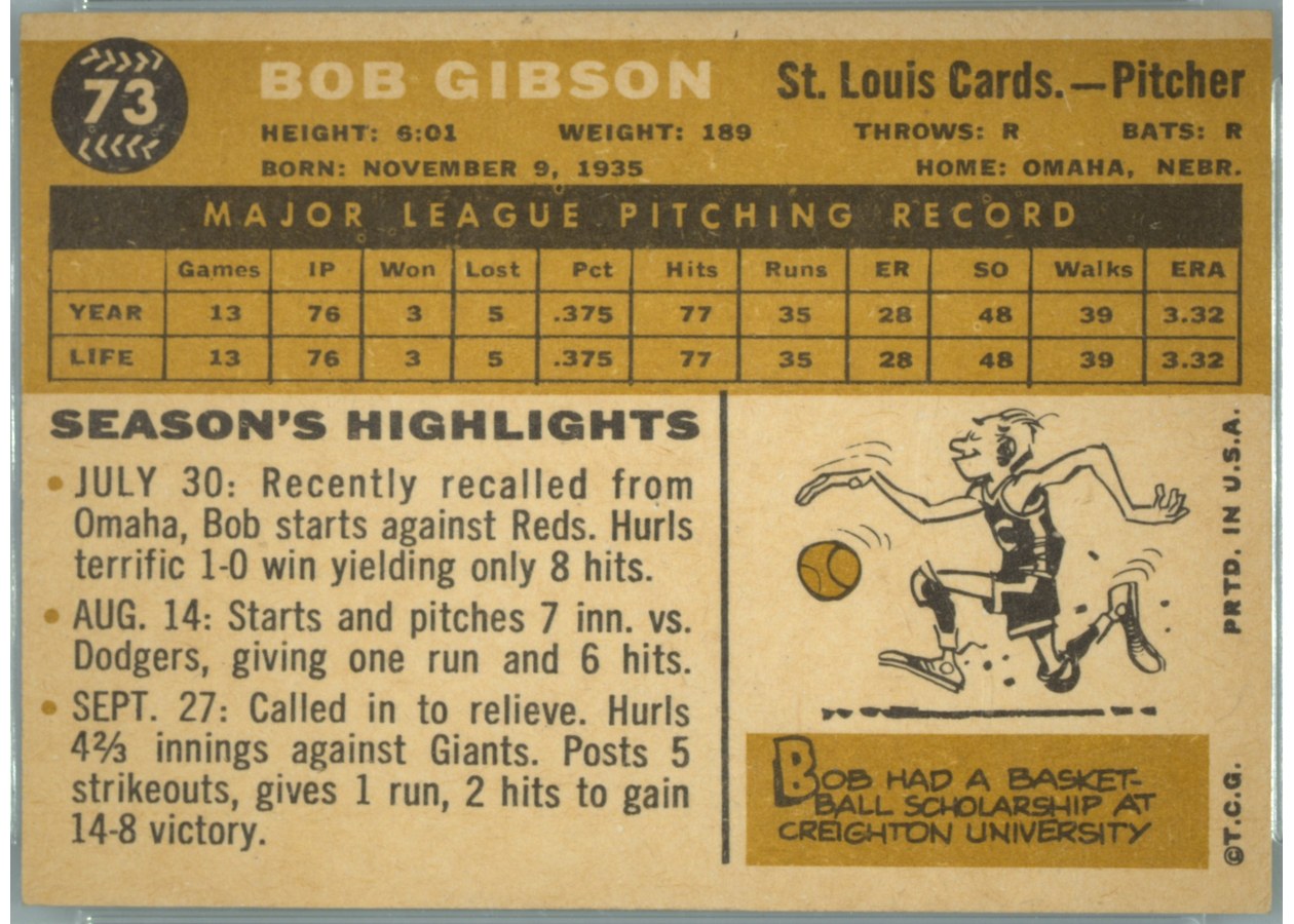 1960 Topps #73 Bob Gibson card back