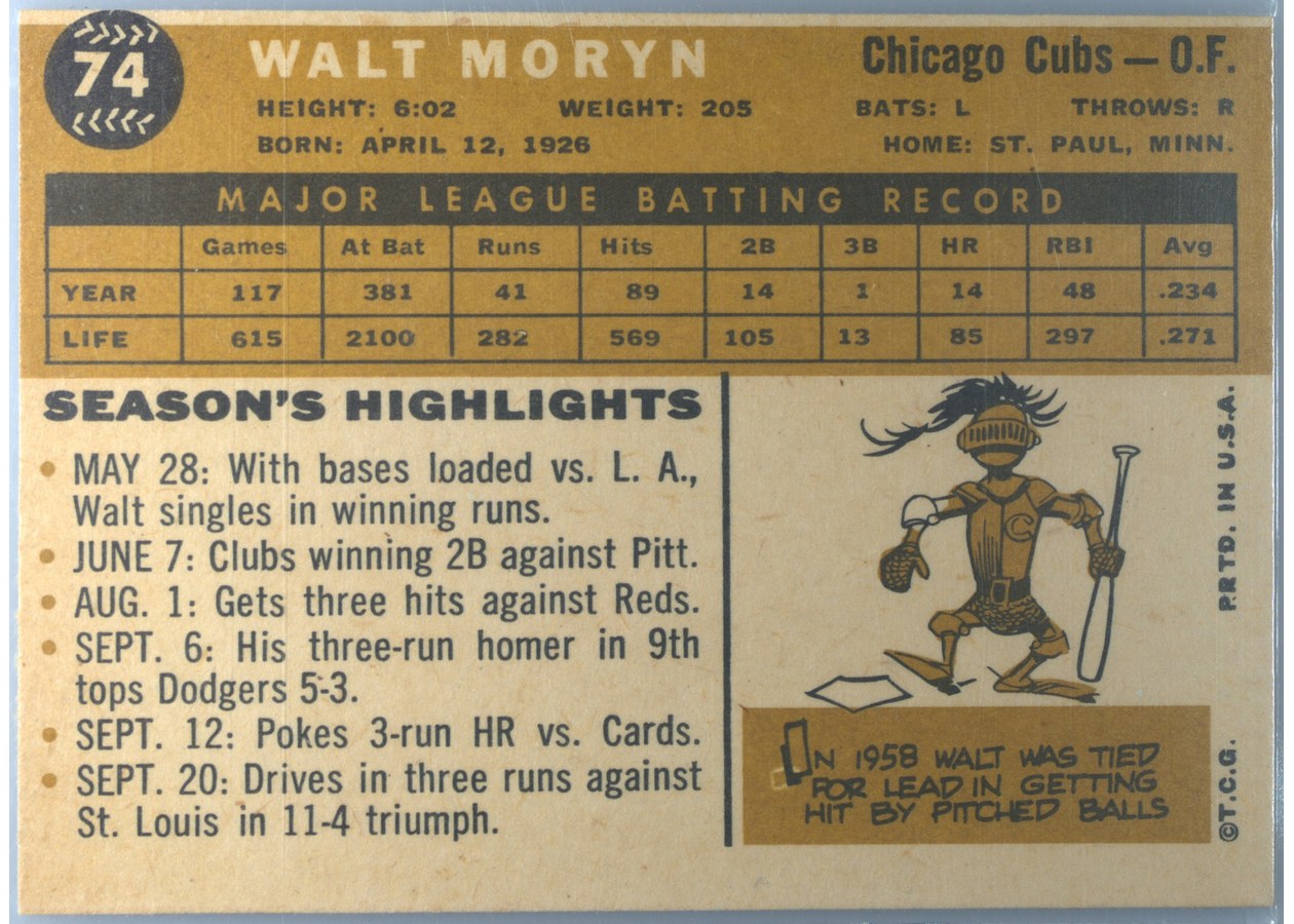 1960 Topps #74 Walt Moryn card back