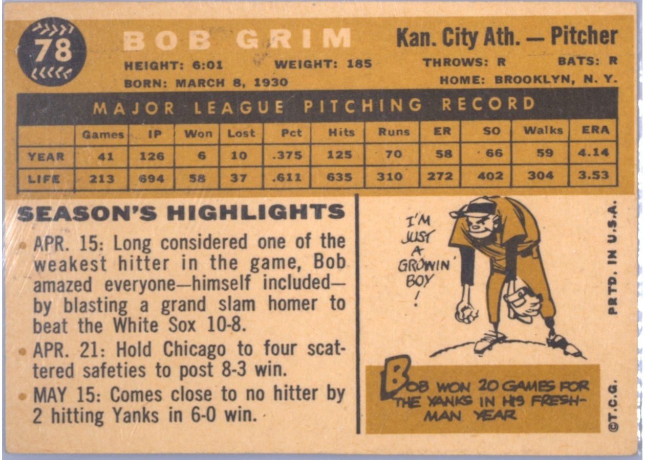 1960 Topps #78 Bob Grim card back