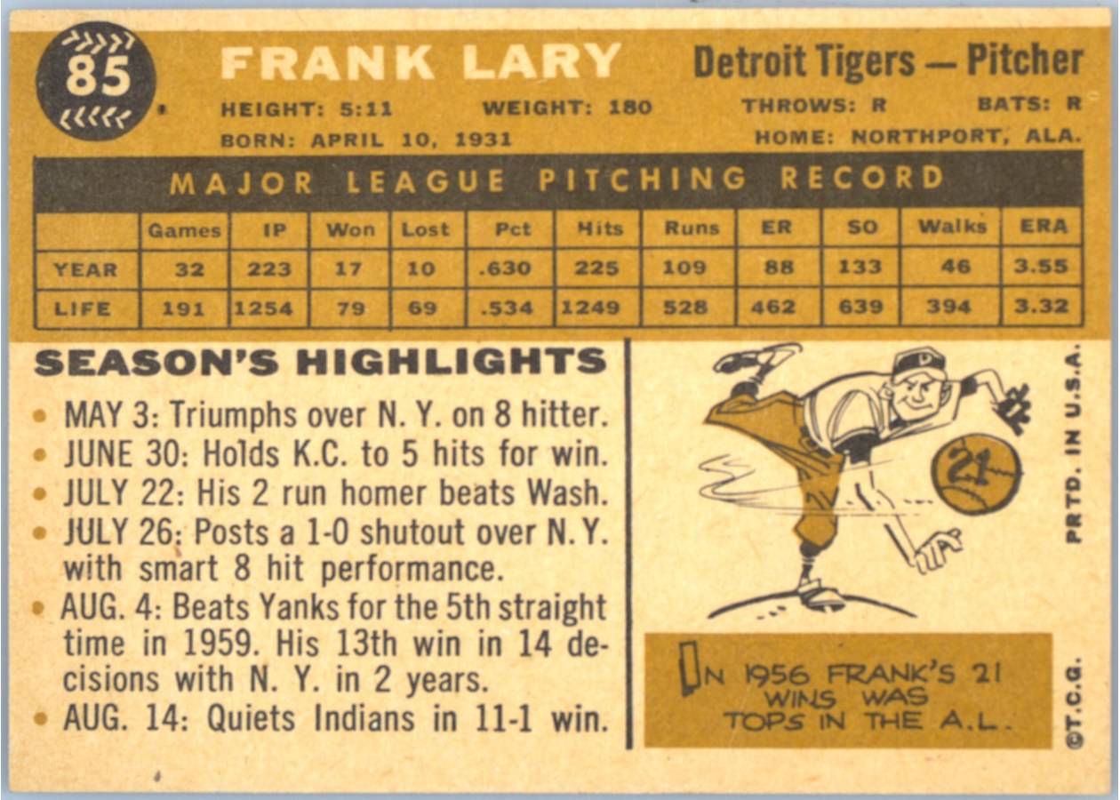 1960 Topps #85 Frank Lary card back