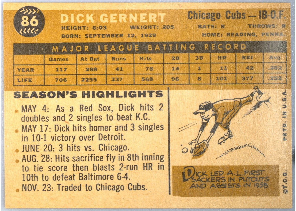 1960 Topps #86 Dick Gernert card back