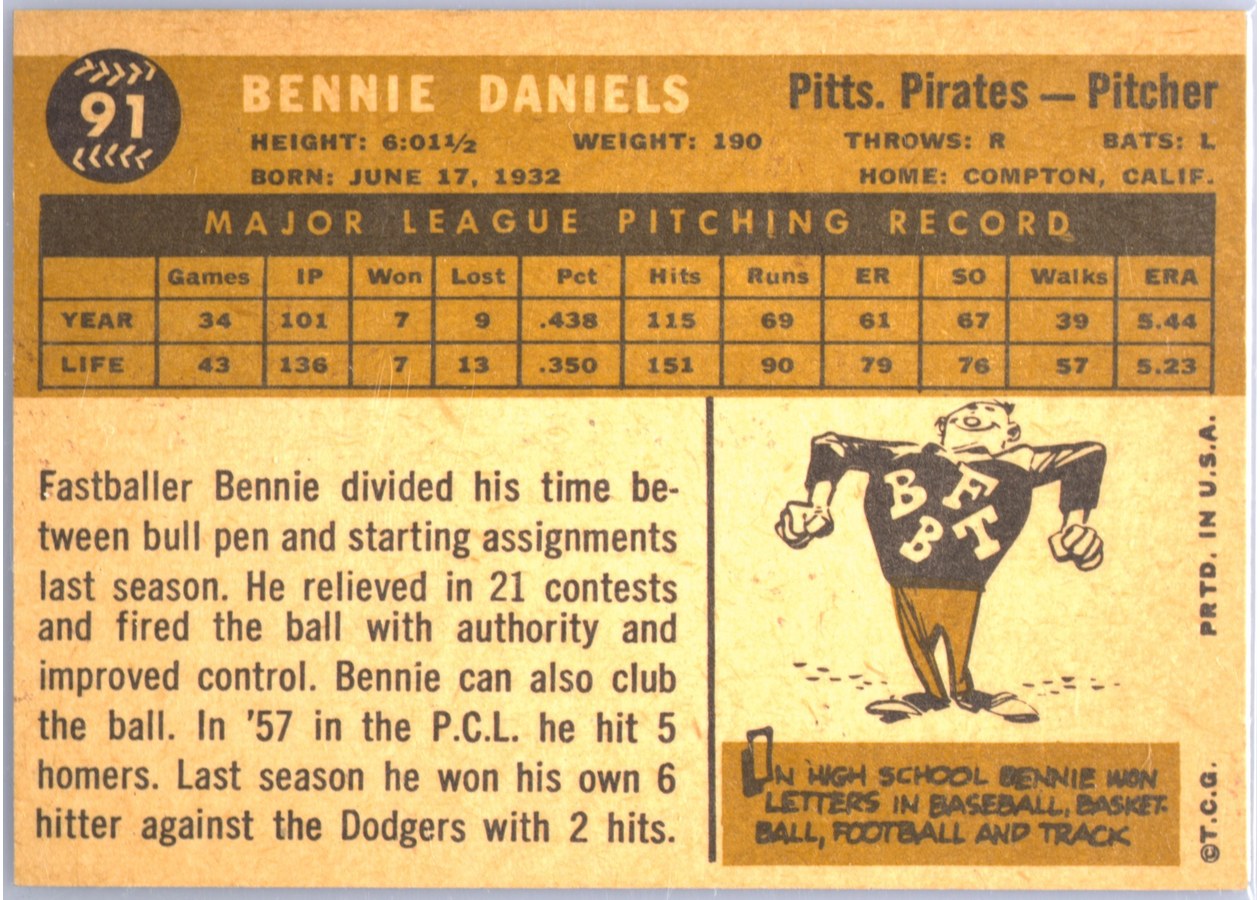 1960 Topps #91 Bennie Daniels card back