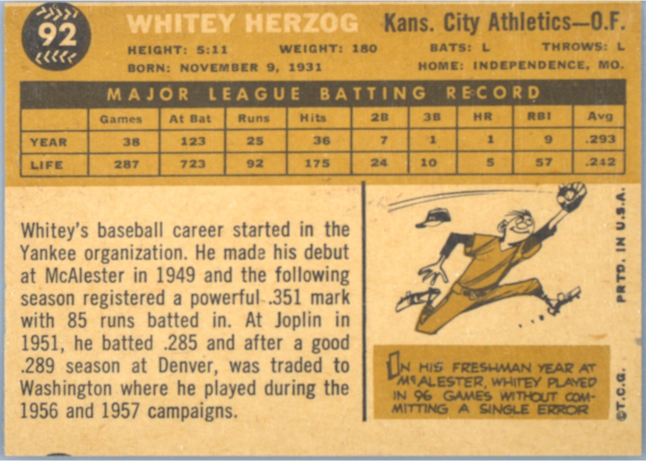 1960 Topps #92 Whitey Herzog card back