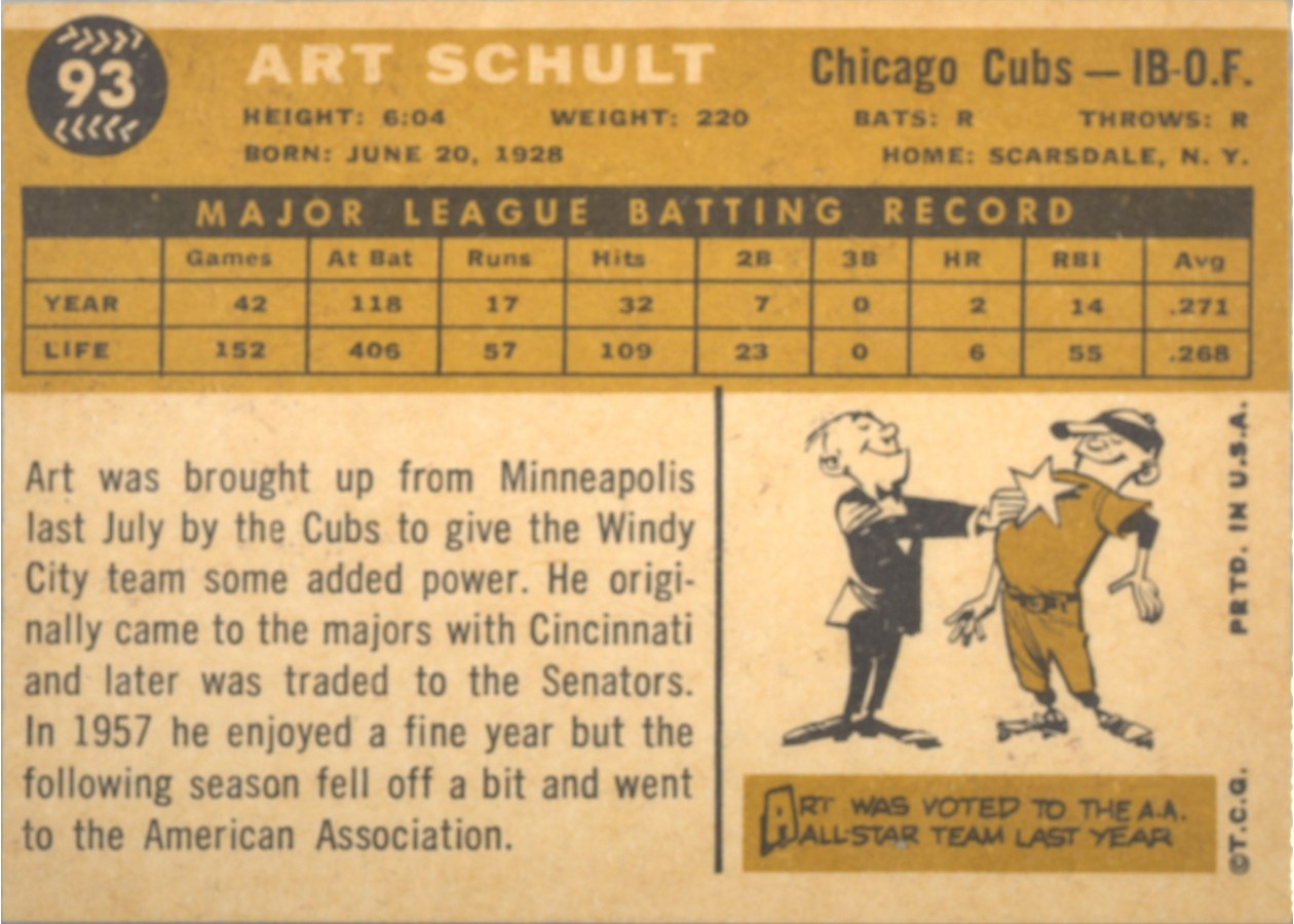 1960 Topps #93 Art Schult card back