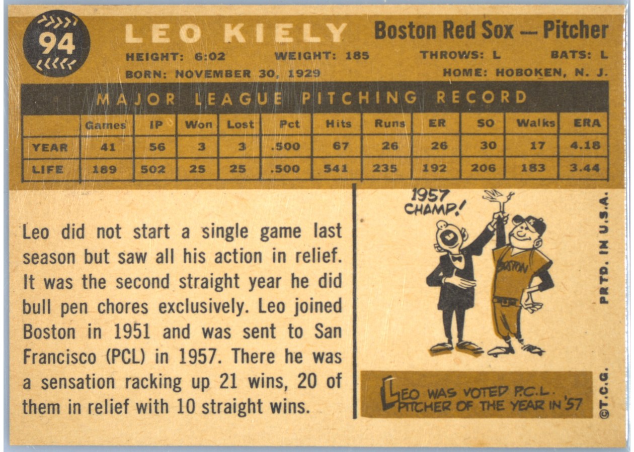 1960 Topps #94 Leo Kiely card back