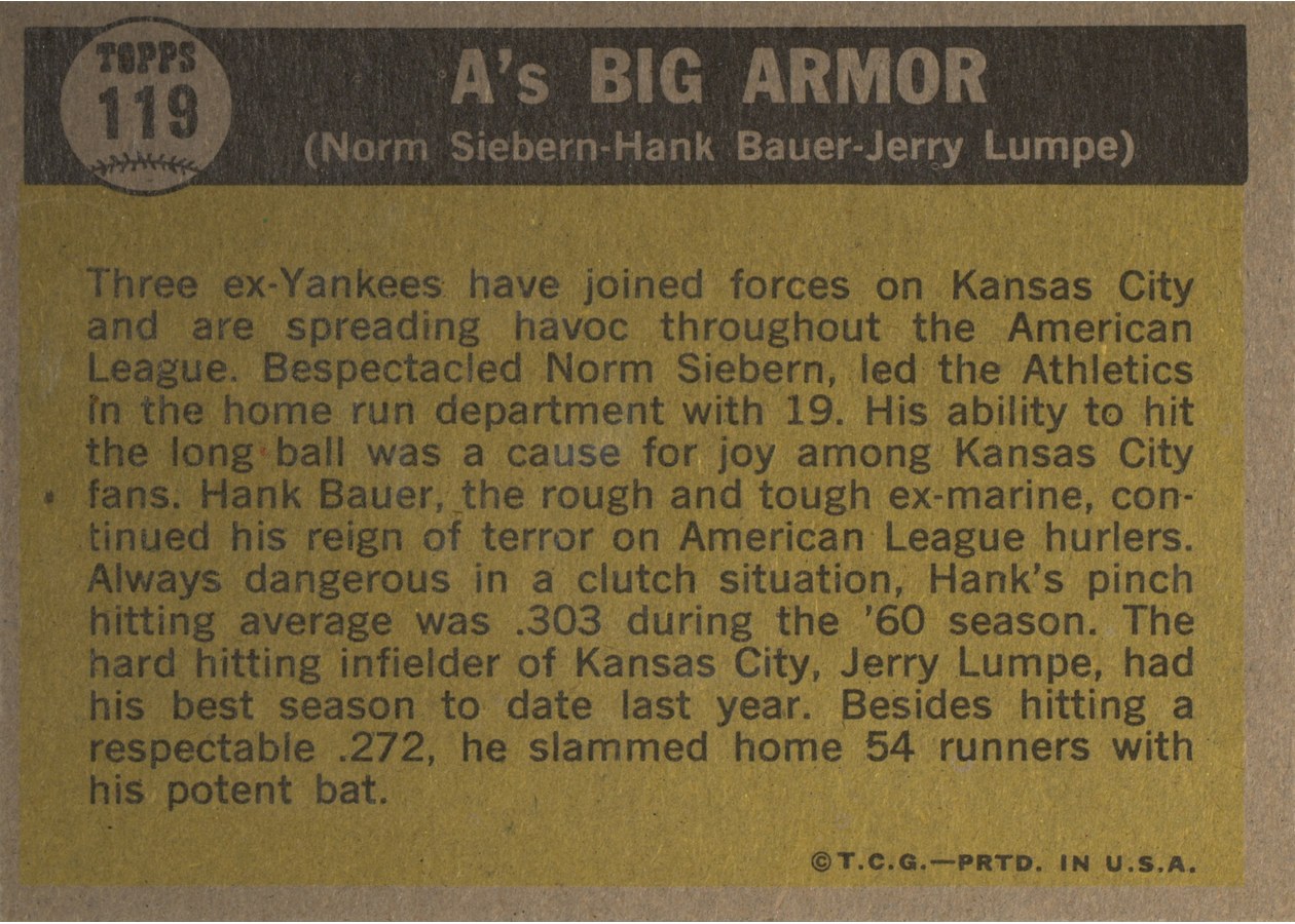 1961 Topps #119 A's Big Armor card back