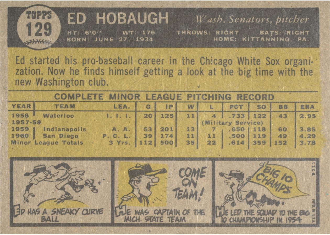 1961 Topps #129 Ed Hobaugh card back