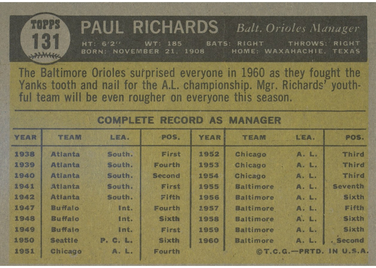 1961 Topps #131 Paul Richards card back