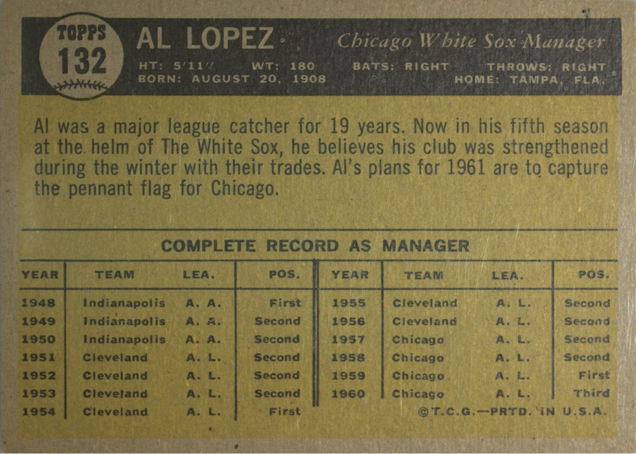 1961 Topps #132 Al Lopez card back