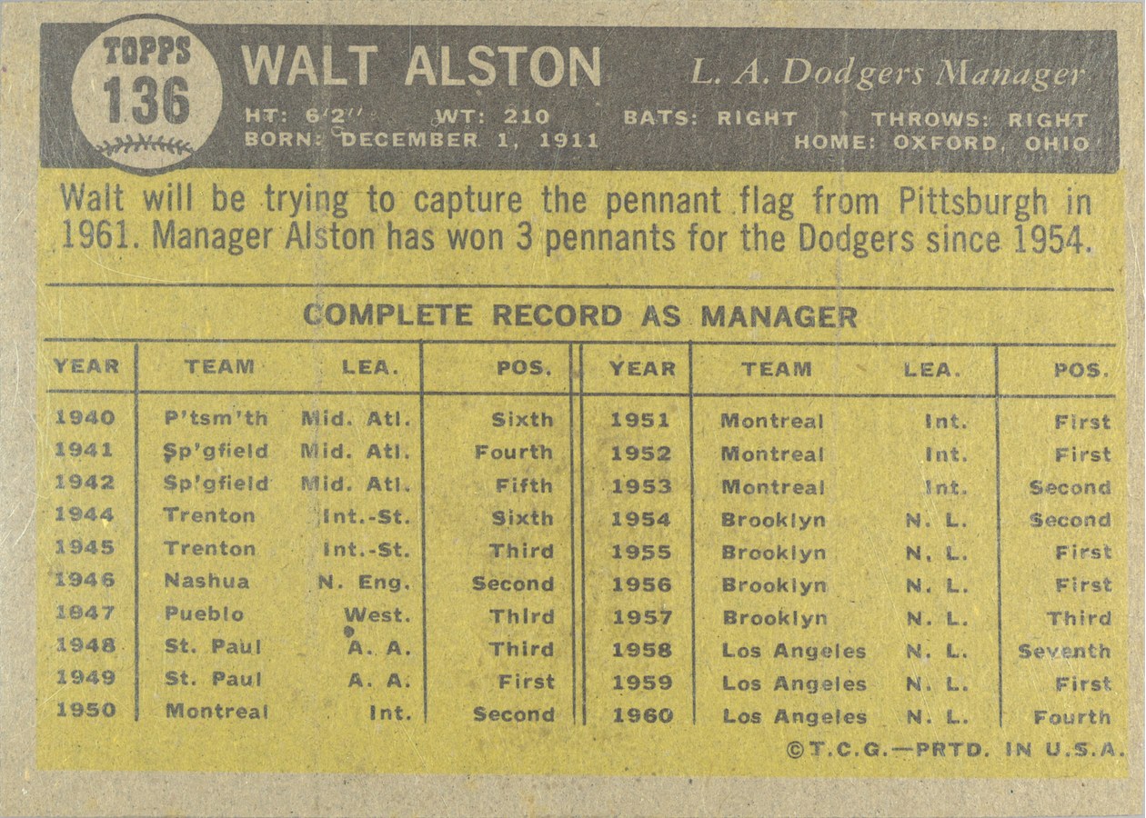 1961 Topps #136 Walt Alston card back