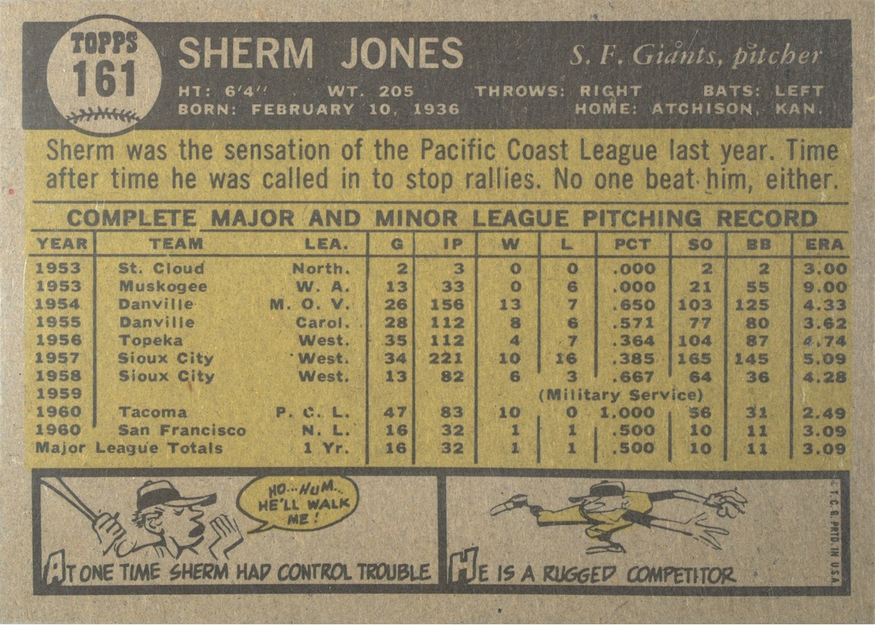 1961 Topps #161 Sherman Jones card back