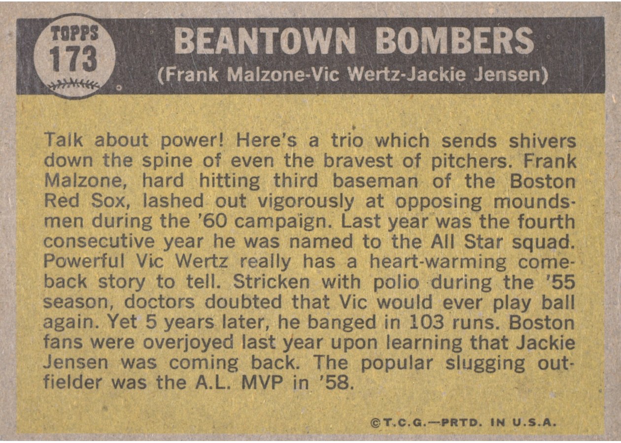 1961 Topps #173 Beantown Bombers card back
