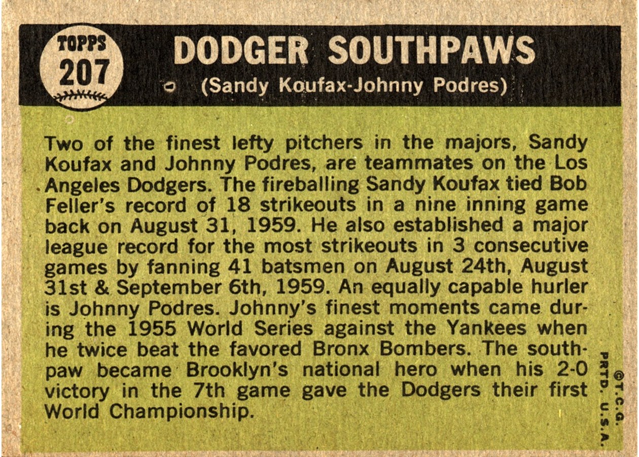 1961 Topps #207 Dodger Southpaws card back
