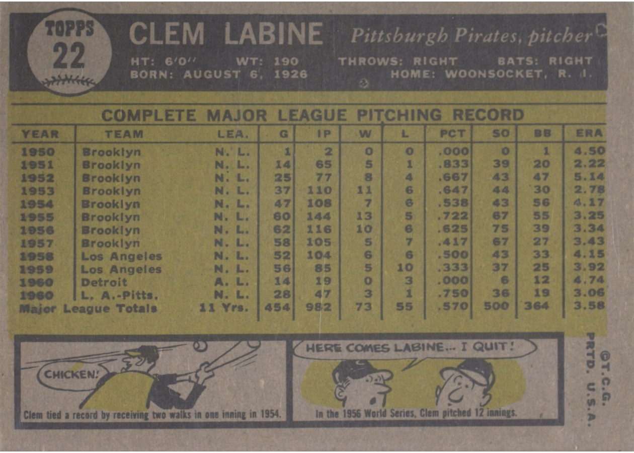1961 Topps #22 Clem Labine card back