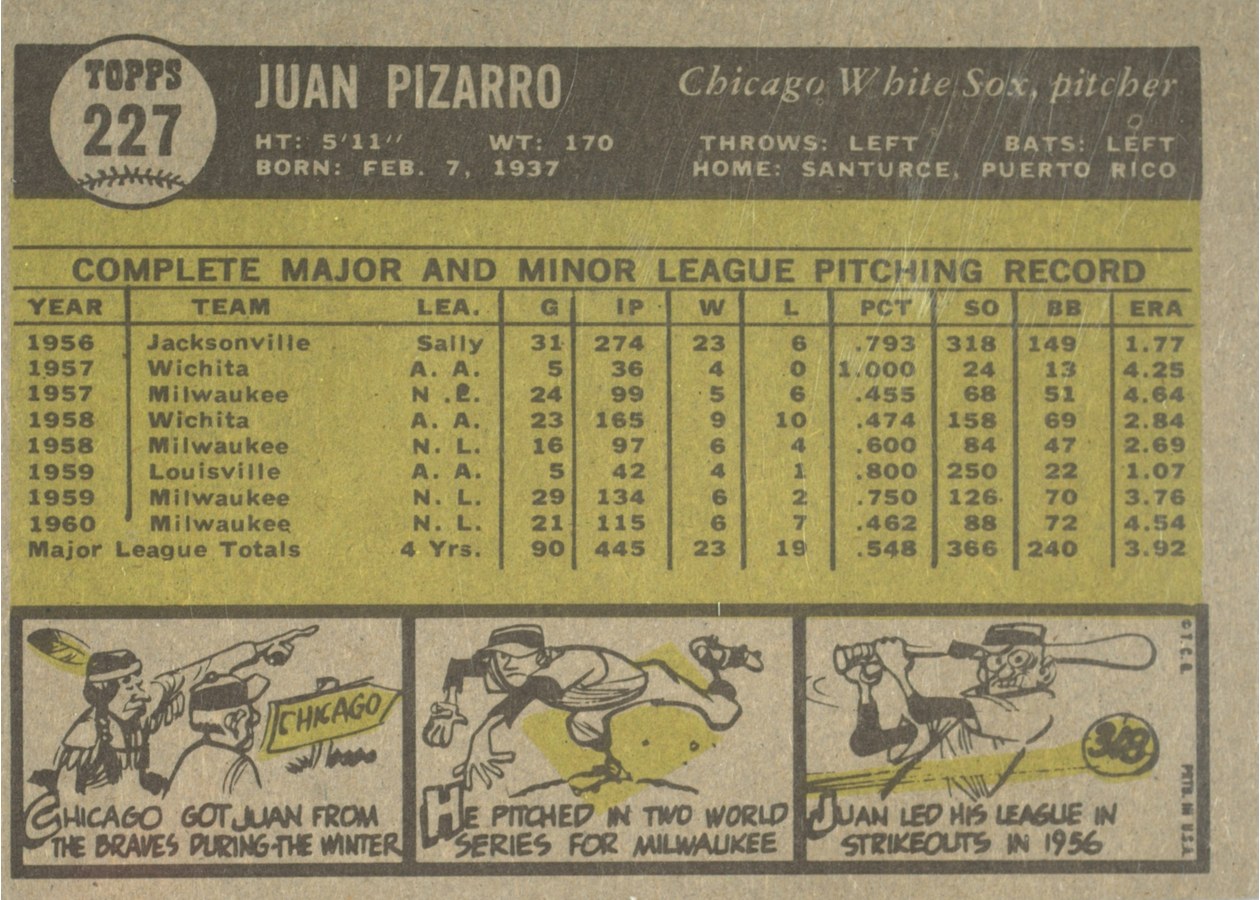 1961 Topps #227 Juan Pizarro card back