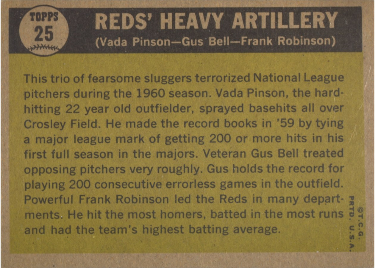 1961 Topps #25 Reds' Heavy Artillery card back