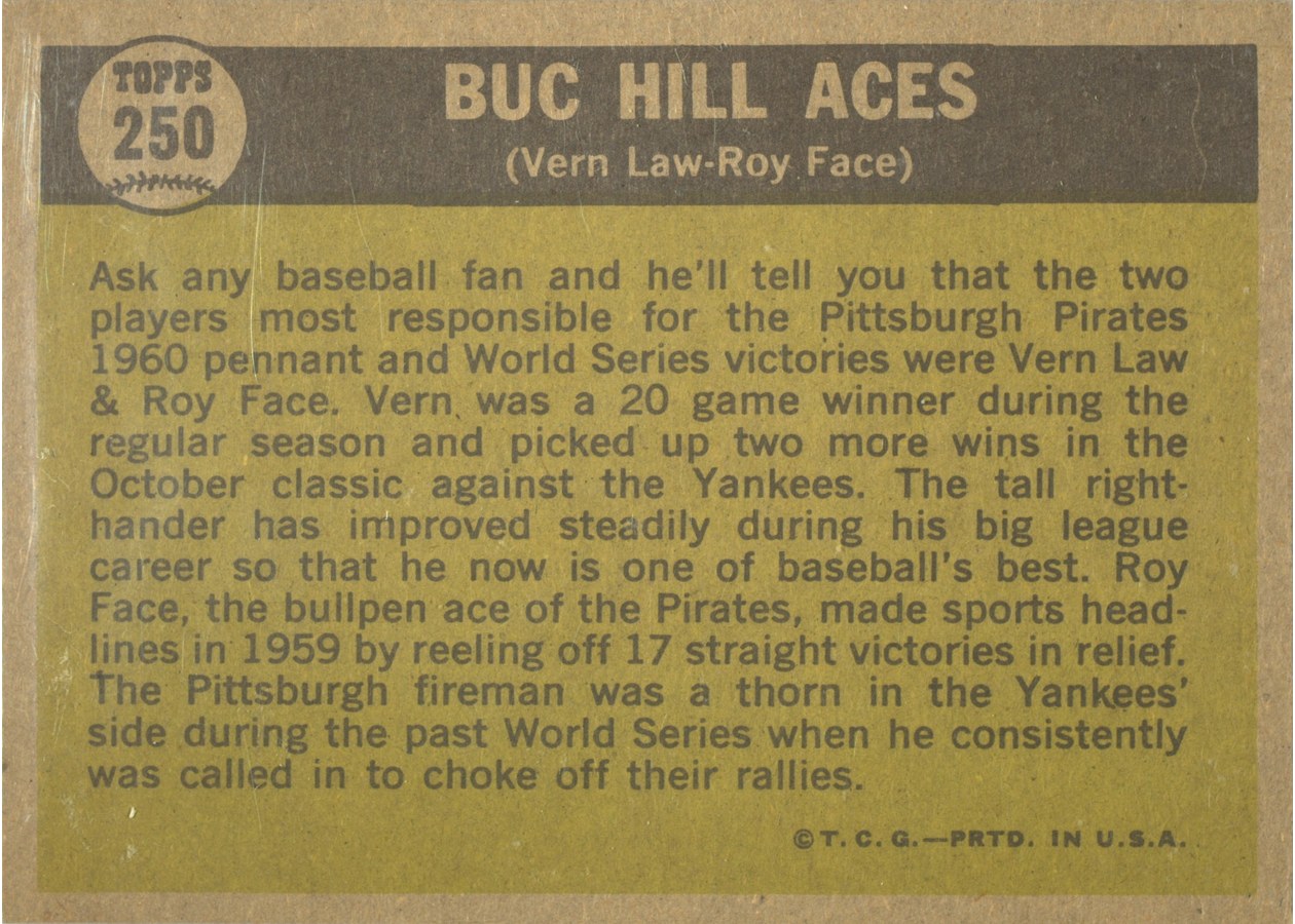 1961 Topps #250 Buc Hill Aces card back