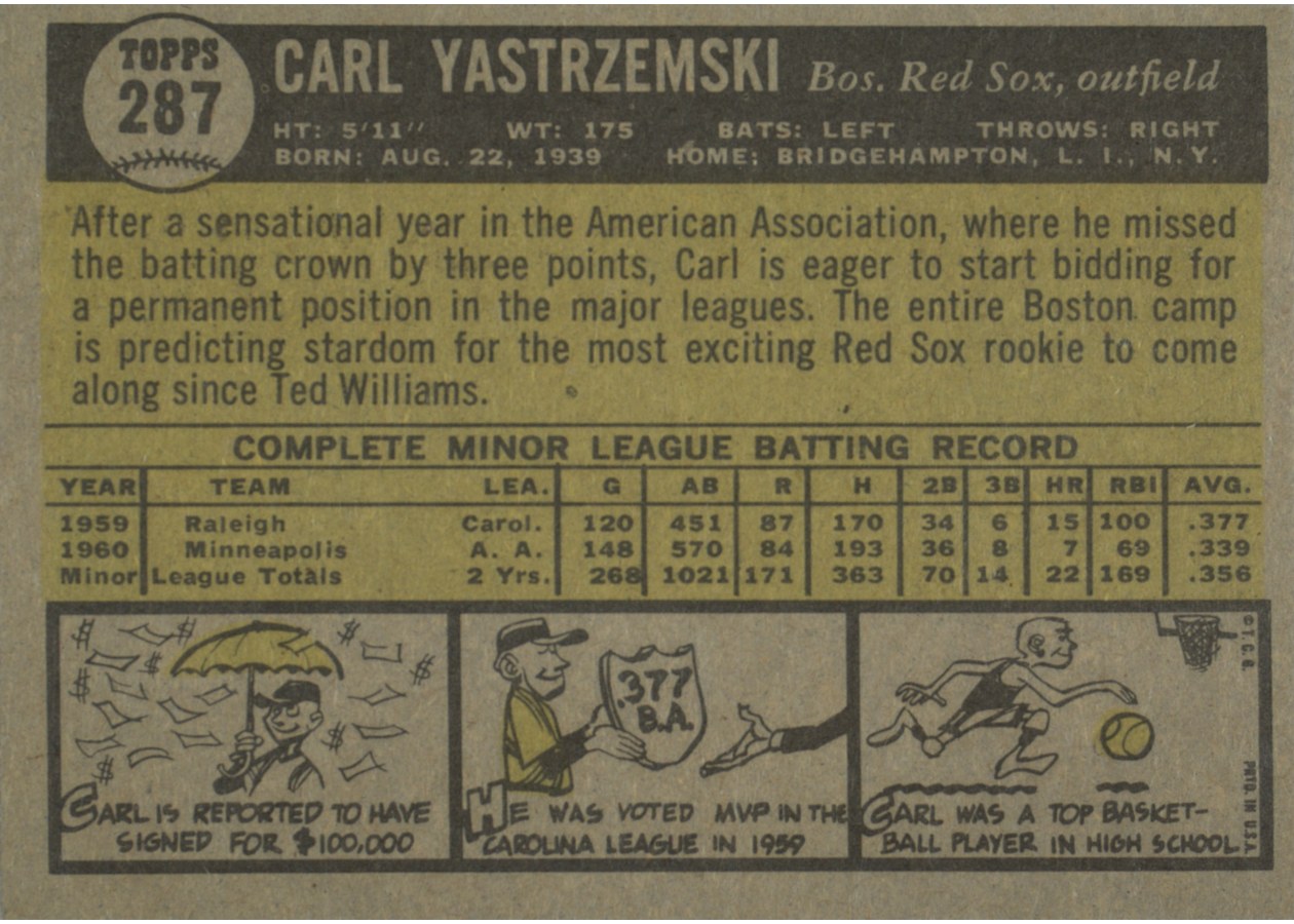 1961 Topps #287 Carl Yastrzemski card back