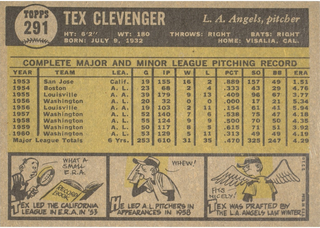 1961 Topps #291 Tex Clevenger card back