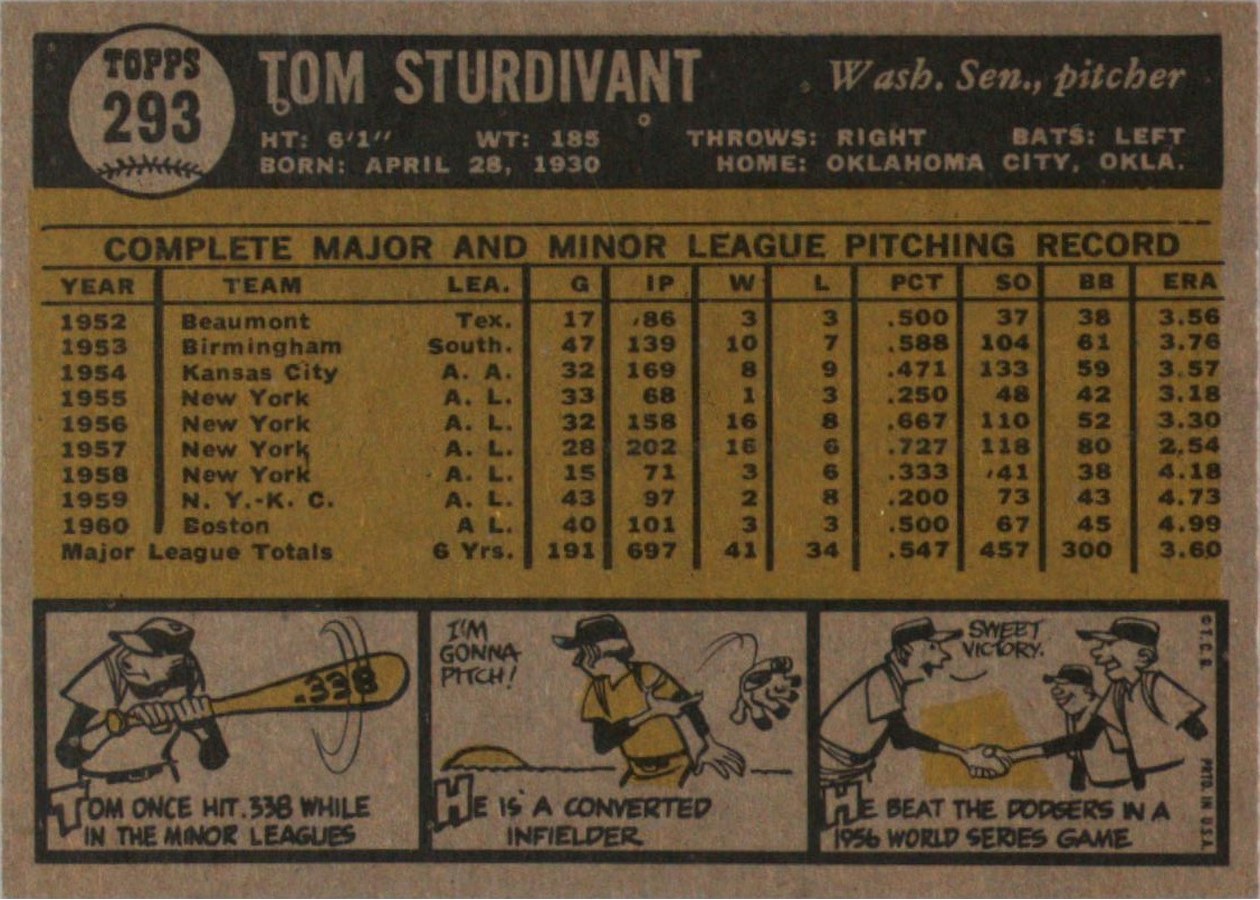 1961 Topps #293 Tom Sturdivant card back