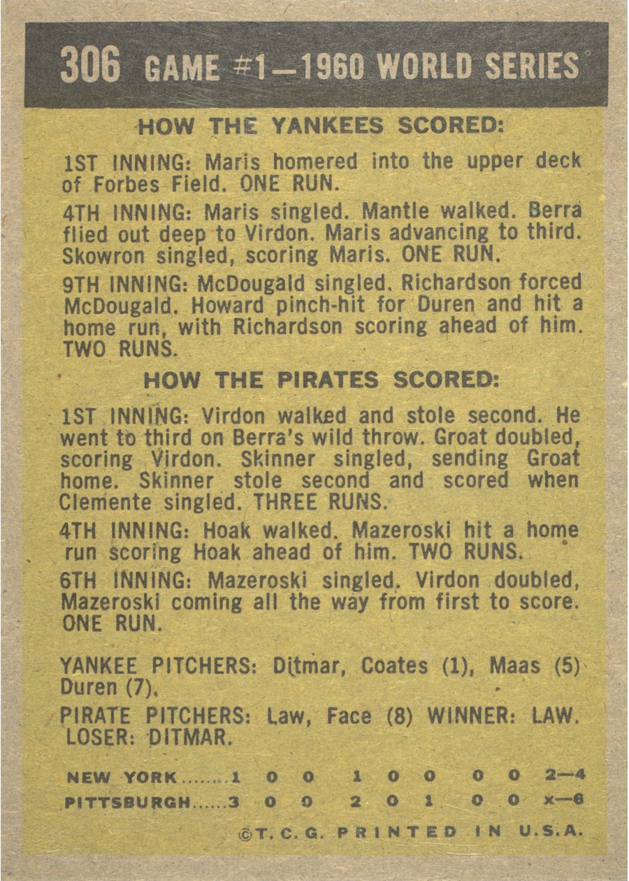 1961 Topps #306 1960 World Series Game #1 - Virdon Saves Game card back