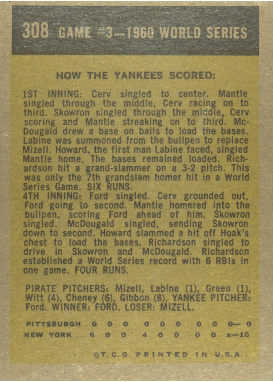 1961 Topps #308 1960 World Series Game #3 - Richardson Is Hero card back