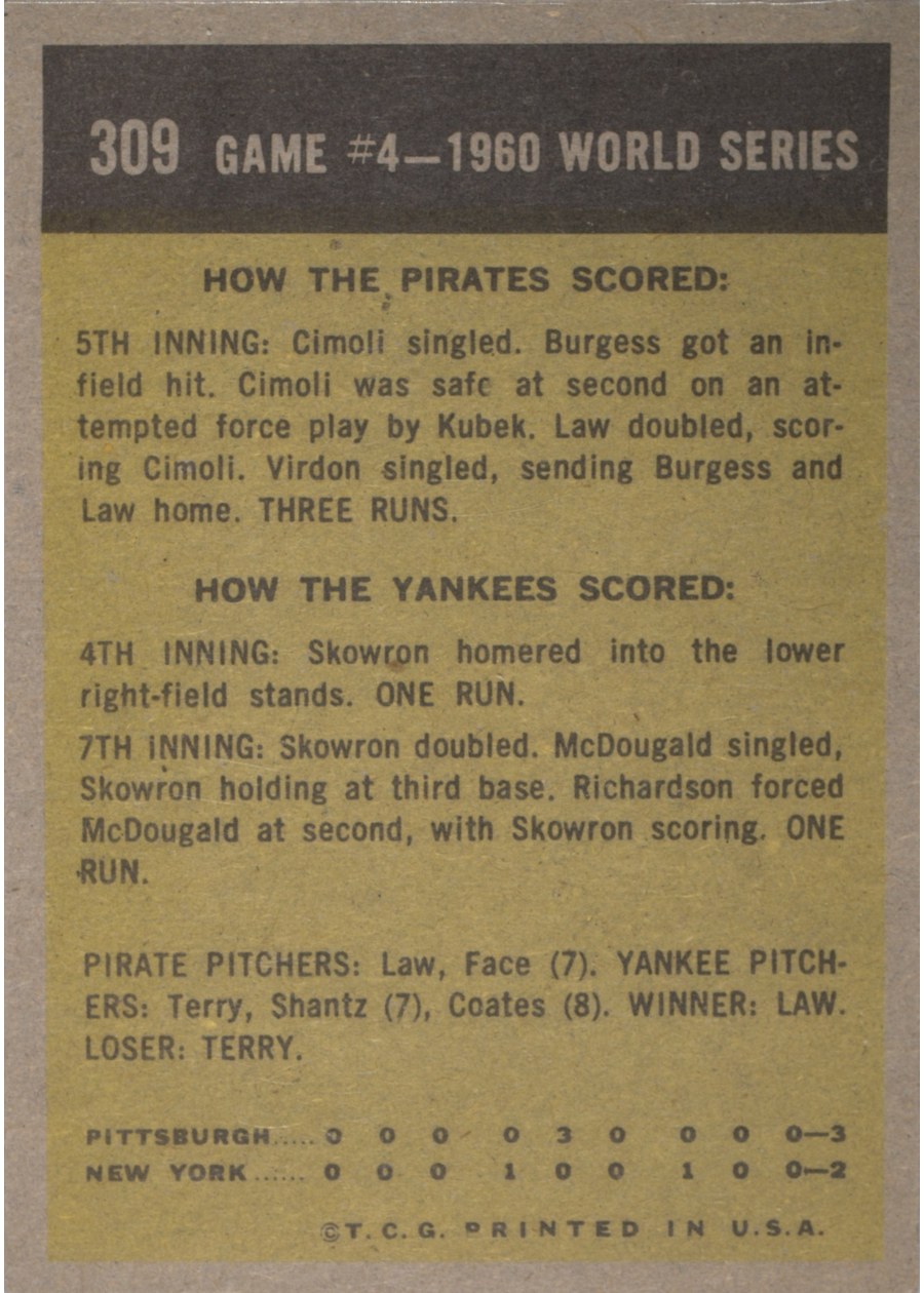 1961 Topps #309 1960 World Series Game #4 - Cimoli Safe In Crucial Play card back