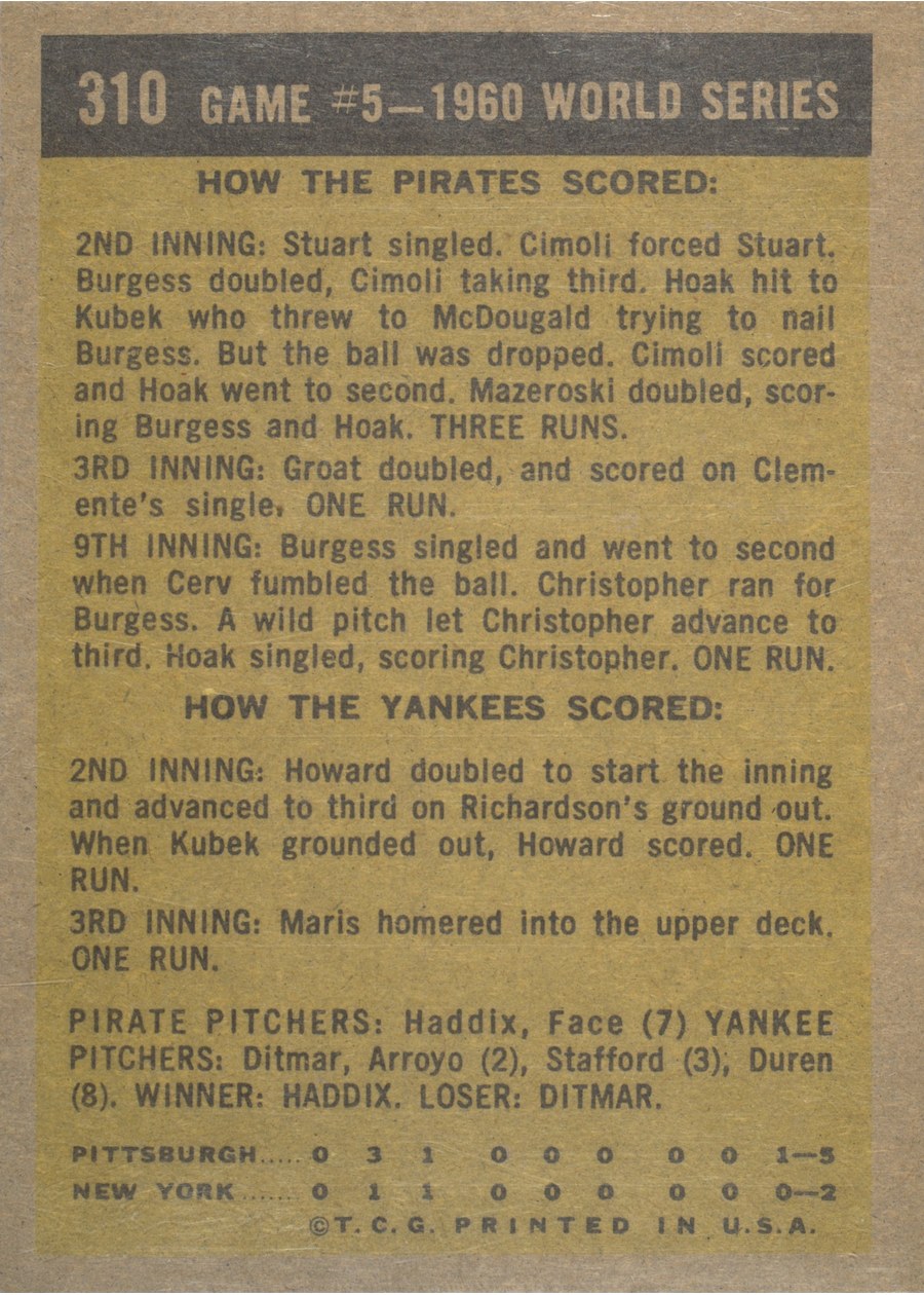 1961 Topps #310 1960 World Series Game #5 - Face Saves The Day card back