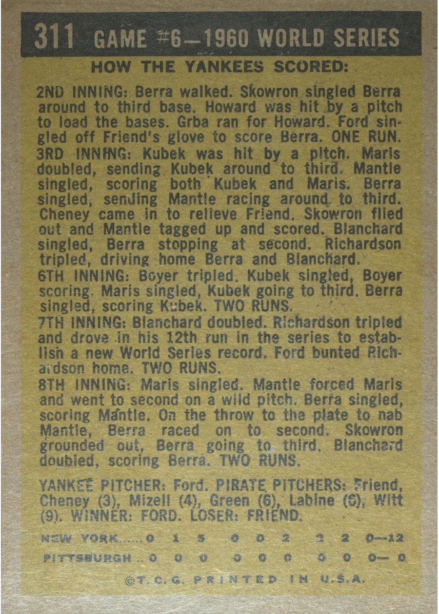 1961 Topps #311 1960 World Series Game #6 - Ford Pitches Second Shutout card back