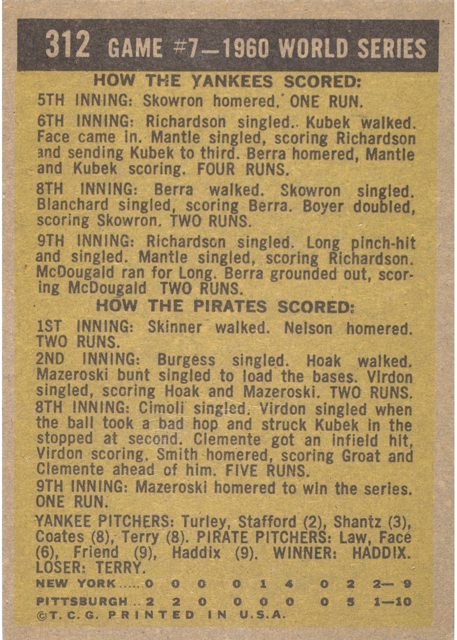 1961 Topps #312 1960 World Series Game #7 - Mazeroski's Homer Wins It! card back