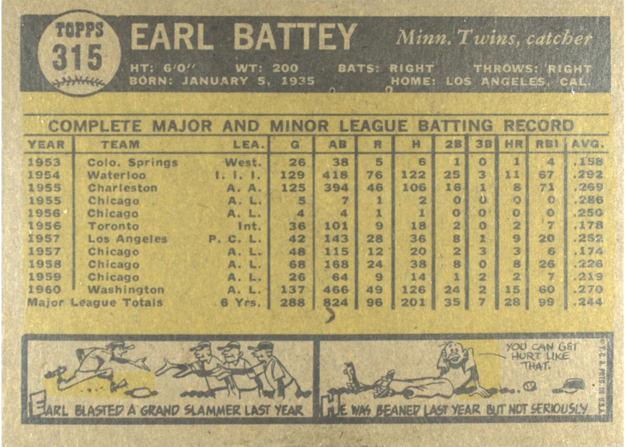 1961 Topps #315 Earl Battey card back