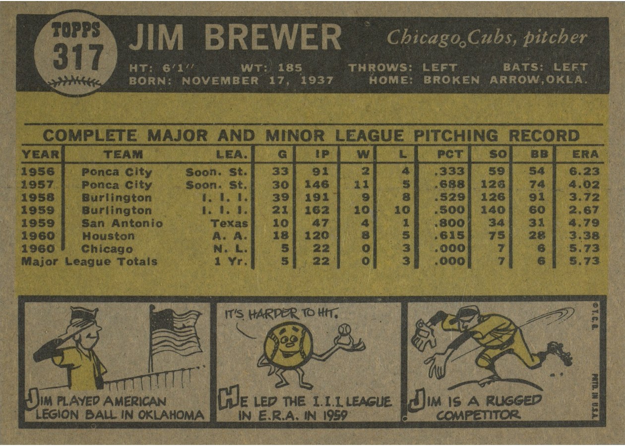 1961 Topps #317 Jim Brewer card back